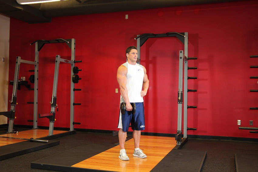 Dumbbell One-Arm Upright Row, end position